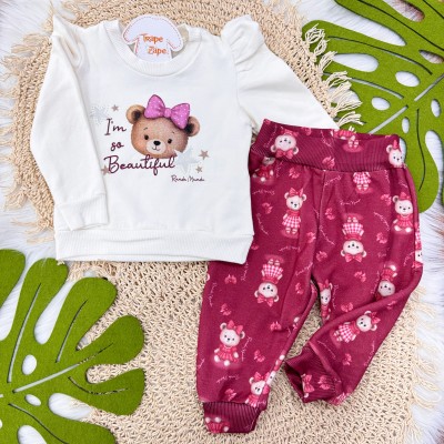 Conj. Blusa Moletom I'm So Beautiful e Calça Ursinhas - Off White Bordo